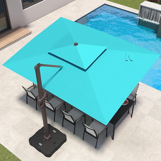 9x12 FT Patio Umbrella with Weighted Base and LED Lights Cantilever Outdoor Large Heavy Duty Rectangle Aluminum Offset Umbrellas Double Top 360 Rotation for Pool Deck Garden, Turquoise