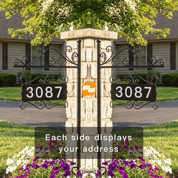 Metal Address Sign, Home Numbers Plaque, Address Post Sign Double-Sided | Suitable as a housewarming gift or decorative item, Street House Numbers for Home Street Mailbox Garden Yard (44" Pole)