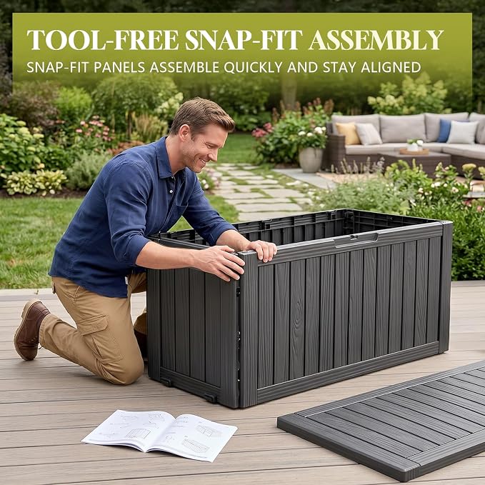 Waterproof Outdoor Storage Box Outside Deck Box Lockable Resin Bench UV Resistant Furniture Cushion Pool Tool Float Bin Patio Garden Porch (Black, 85 Gallon)