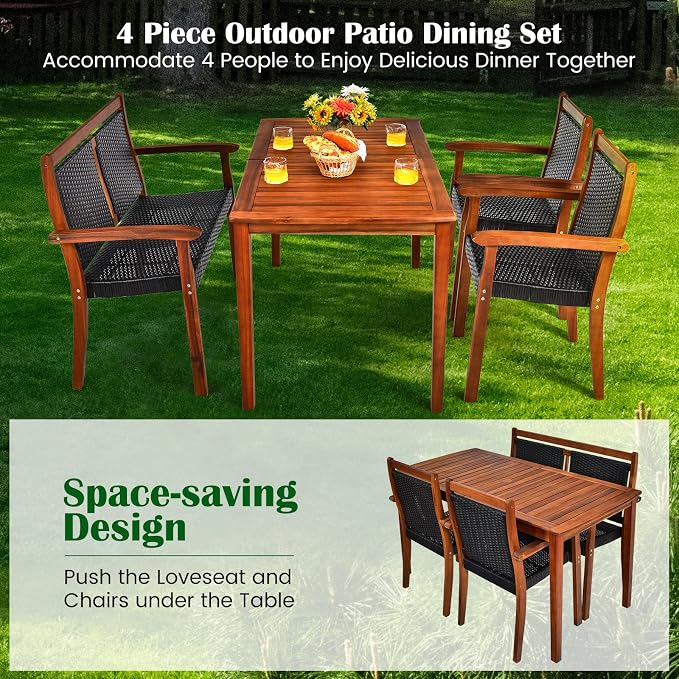 Tangkula 4 Pieces Patio Dining Set, Patiojoy Outdoor PE Rattan & Acacia Wood Dining Table Set with Umbrella Hole, Patio Armchairs and Rectangle Table Set for Garden, Backyard and Poolside