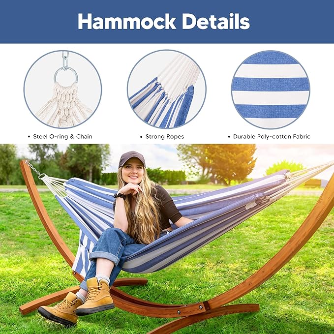 SUNCREAT Hammocks for Outside with Stand, Porch Hammock and Stand, 475 lbs Capacity, Blue & White