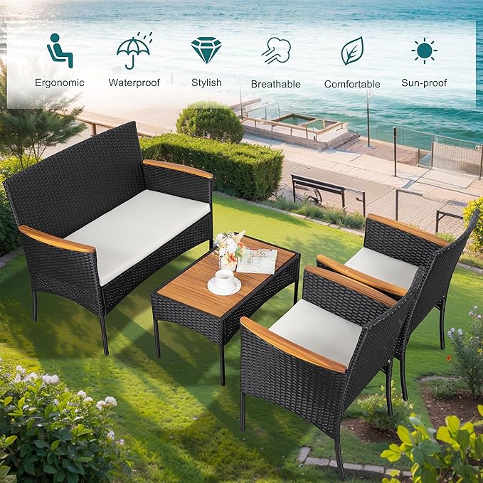 4-Piece Outdoor Patio Furniture Set, PE Wicker Conversation Kit with Wood-Look Armrests & Coffee Table, Weather-Resistant Seating for Porch, Balcony & Small Backyard, Beige Washable Cushions, Beige