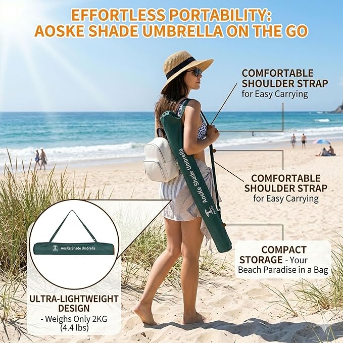 7ft Beach Umbrella, Portable Wind Beach Umbrellas for Sand with Anchor and Carrying Bag, UPF50+ UV Protection Outdoor Sunshade Umbrella,Tilt Sun Shelter for Beach Patio Backyard