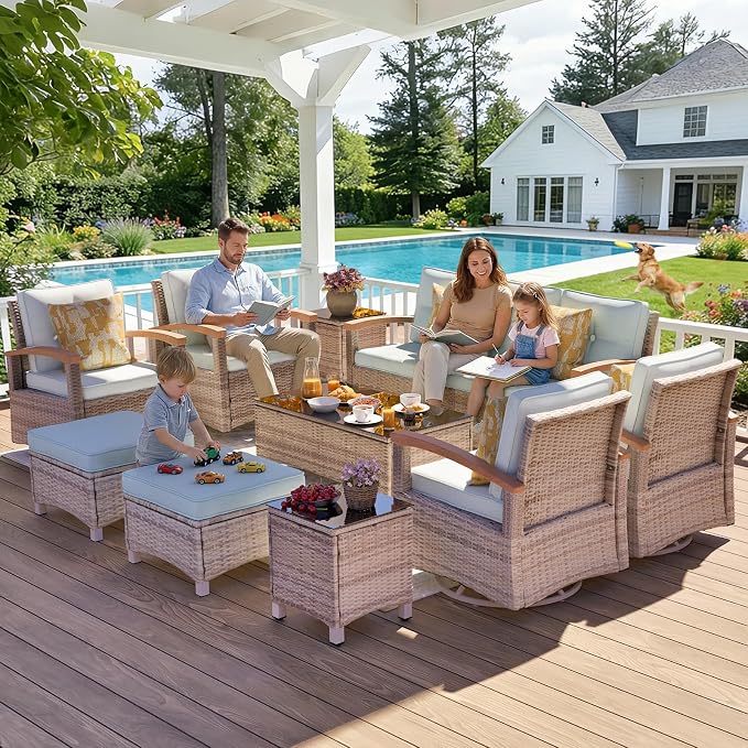 MEISSALIVVE 10 Pieces Patio Furniture Sets,Wicker Patio Conversation Sets with 4 Wood Armrests Swivel Glide Chairs, 2 Ottoman, 3-seat Sofa and Coffee Table (Blue)