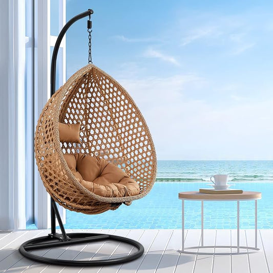 Hanging Egg Swing Chair with Stand, Rattan Wicker Hanging Egg Chair Hammock Indoor with Cushions, Swinging Chair for Bedroom Outdoor Patio Balcony Backyard Sunroom Heavy Duty 350LBS (Yellow)