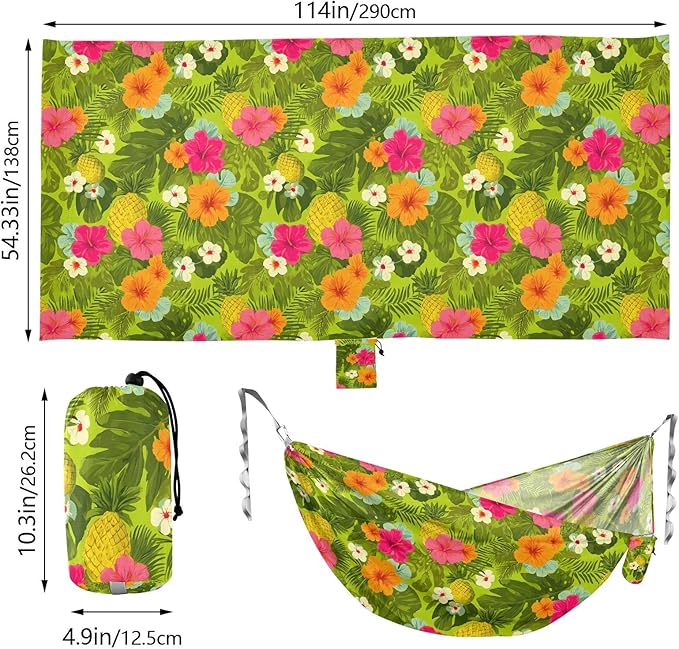 Camping Hammock Outdoor Hammocks for Outside Hibiscus Pineapple Green Beach Trees Portable Lightweight with Pockets Tree Straps Indoor