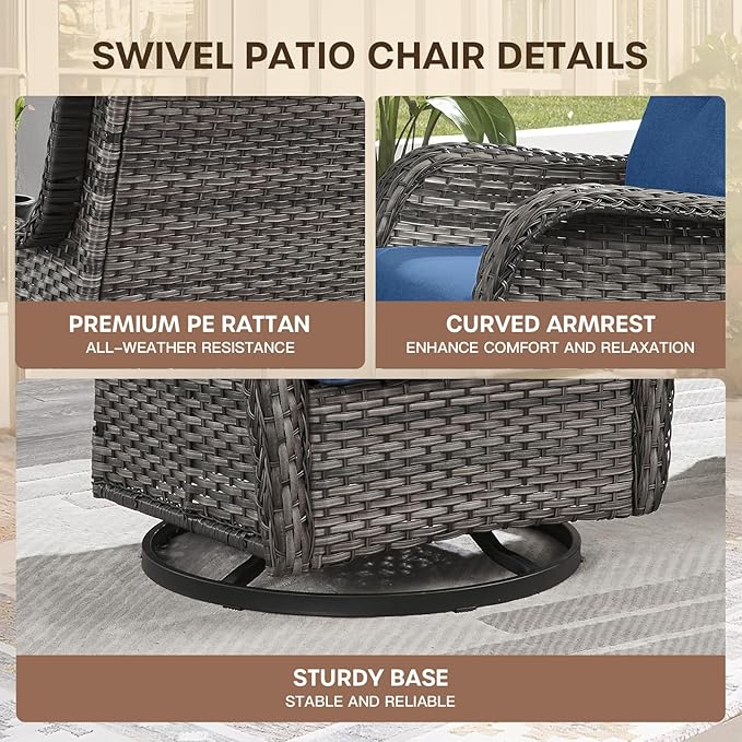 Patio Swivel Chair Set of 2, Resin Wicker Swivel Patio Glider Chairs with Smile-Shaped Cushions, High Back Luxury Swivel Patio Glider Chairs for Outdoor, Brown Wicker|Blue Cushions