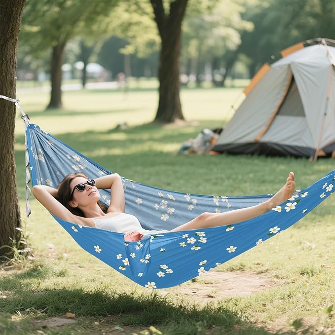Camping Hammock Outdoor Hammocks for Outside Blue White Flower Beach Trees Portable Lightweight with Pockets Tree Straps Indoor