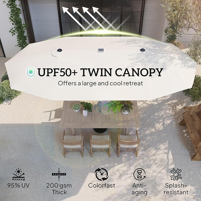Outsunny 15ft Extra Large Patio Umbrella with Bright Solar Lights, Aluminum UPF50+ Double-Sided Outdoor Table Market Umbrella with Fiberglass Ribs Crank Air Vents for Backyard Deck Pool