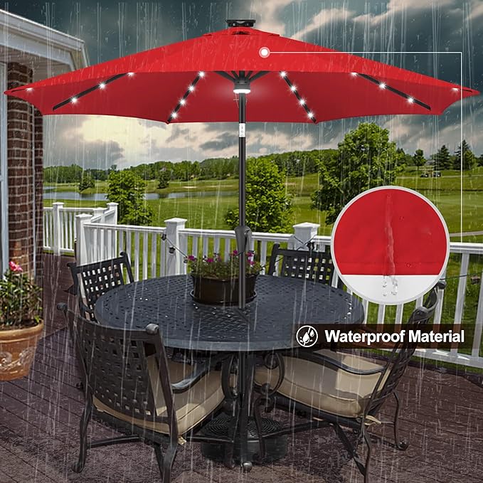 FLAME&SHADE 9 FT outdoor umbrella with 40LED lights, solar light patio umbrella with Centre Surround Light, Table Market Umbrella Outdoor Patiofor Deck, Pool, Backyard, Garden (Red)
