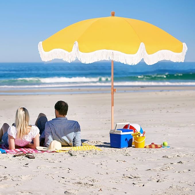 MFSTUDIO 7ft Beach Umbrella with Fringe, Tassel Umbrellas UPF50+ with Tilt Button & Crank, Holiday Outdoor Umbrella with Carry Bag, Ideal for Garden Lawn Poolside, Gold Yellow