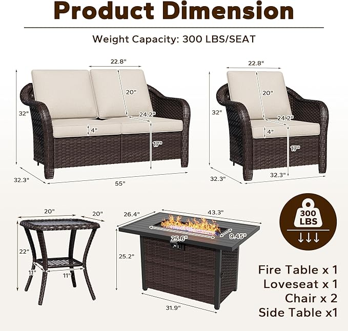 5 Piece Patio Wicker Conversation Set, All-Weather Use Outdoor Wicker Loveseat with 2 PE Rattan Ottomans,2 Chair, 1 Side Table, Ideal for Porch, Backyard, Balcony, Poolside, Beige