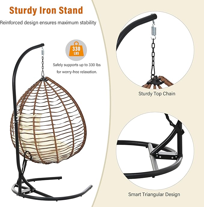 Folding Egg Chair, Outdoor Hanging Hammock Chair with Stand, Patio Wicker Hanging Chair with Iron Frame and Plush Cushion & Removable Headrest for Bedroom, Balcony, Garden (BrownBeige-A)