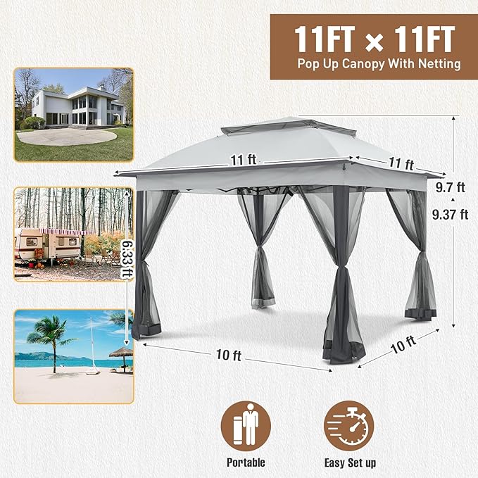 11x11 Pop Up Gazebo Tent with Mesh Netting, Instant Outdoor Canopy with UPF 50+ UV Protection, Water Resistant, Gray