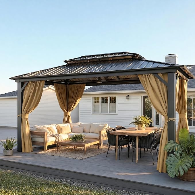 HOTEEL 10x15 Hardtop Gazebo with Flame-Retardant Curtain & Netting, Hot Tub Gazebo with Galvanized Steel Double Roof, Heavy Duty Permanent Pavilion Outdoor for Patio, Frame Thickened, Brown