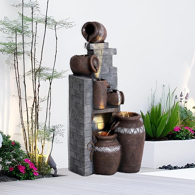 Grepatio 6 Tier Garden Water Fountain, Outdoor Waterfalls with LED Lights, Indoor/Outdoor Modern Floor Standing Garden Water Fountain for Garden, Patio, House Decor (10.6"(L) x 19"(W) x 39.3"(H))