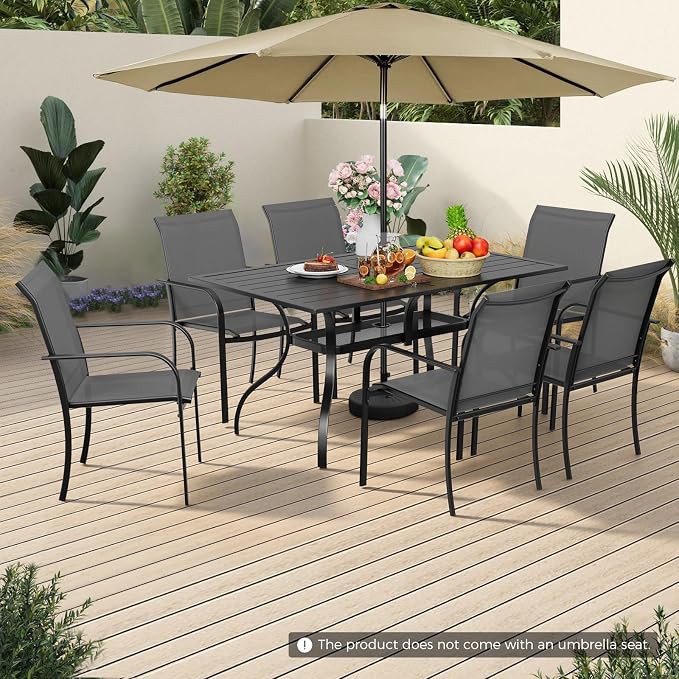 Incbruce 8 Pieces Patio Dining Set with Brown Umbrella, Outdoor Dining Set of 6 Textilene Chairs and Rectangle Table with Umbrella Hole for Backyard, Garden, and Poolside (Grey)