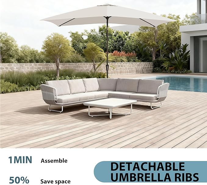 6.5x10FT Rectangular Patio Umbrella with Push Button Tilt & Crank Lift for Garden,UV Protection Outdoor Umbrella for Deck,Pool and Yard,White