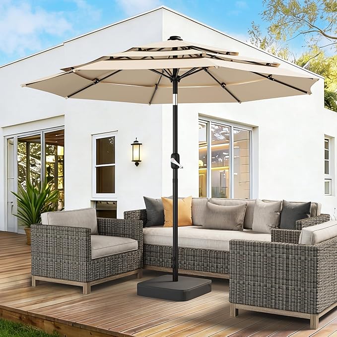 GDPFN 10FT Patio Table Umbrella Outdoor, 3 Tier Tilting Vented Windproof Market Umbrella for Outside, Outdoor Sun Shade for Inside of Pool, Deck, Backyard, Garden, Beige (No Base)