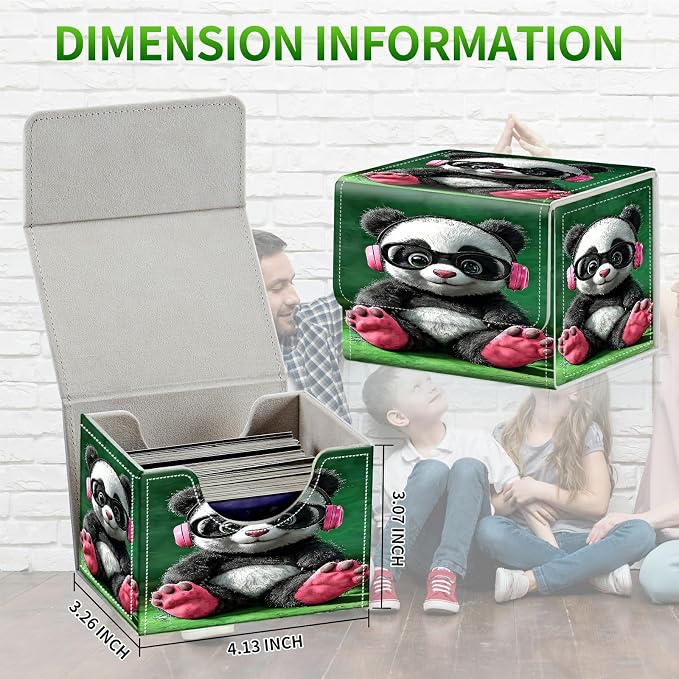 Card Deck Box for MTG, Cards Storage Box Fits 120+ Sleeved, Leather Small Size Strong Magnetic Closing Card Case for Board Games Magic TCG CCG Baseball Collection, Pink Headphones Panda