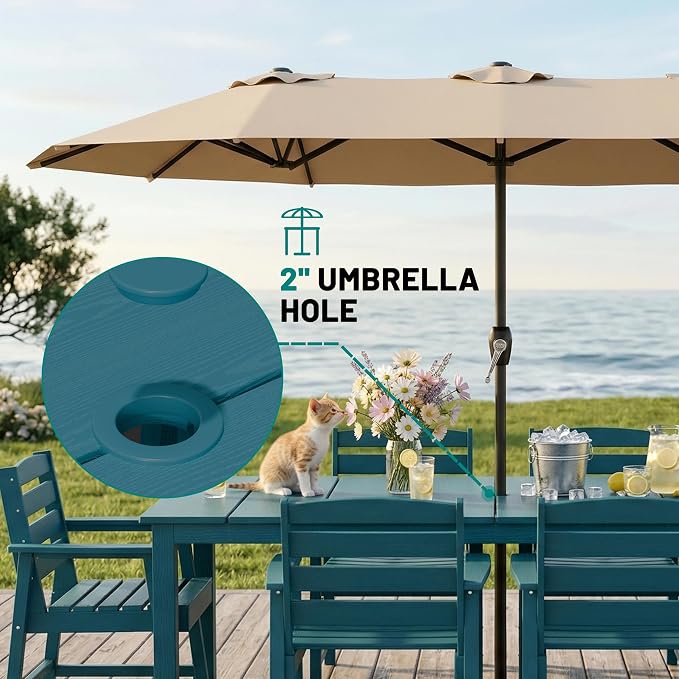 PLUUV 7-Piece Outdoor Patio Dining Set, All-Weather HDPE Dining Furniture Set with Umbrella Hole Cut-Out Table, Aluminum Table Legs, 6 Chairs, Waterproof & Easy Clean for Backyard, Garden, Navy Blue