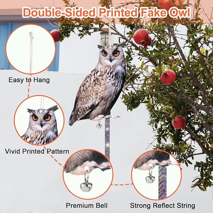 Hanging Flat Fake Owl to Keep Pigeon Away from Balcony 2PCS Garden Owls with Reflective Tape Plastic Owl to Scare Woodpecker Squirrel for Tree Outdoor House Patio Porch Front Porch Decor