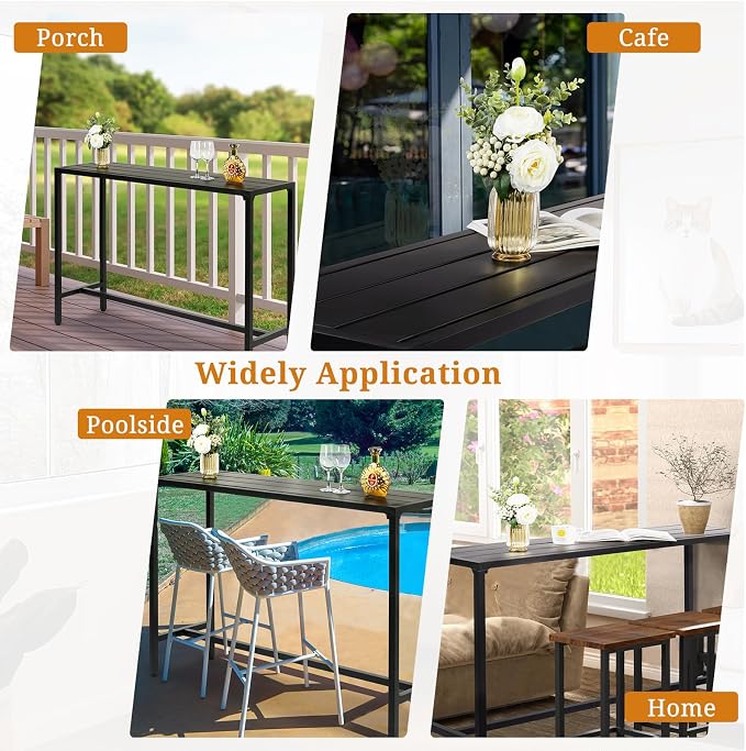Bar Table,55" Outdoor Bar Table with Adjustable Feet, Rectangle Narrow Counter Height Tables, Ideal Bar Height Table Rectangular Pub Table for Balcony Patio Garden Yard Poolside, Black