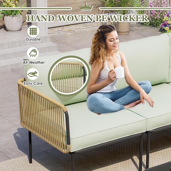 Patio Furniture Set, 5 Piece Outdoor Patio L-Shaped Conversation Set with Cushions and Table, All-Weather Rattan Woven Sectional Sofa for Backyard, Porch, Boho Detachable Lounger (Green)
