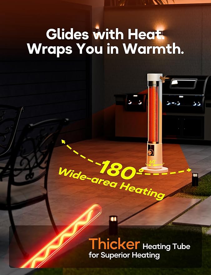 Patio Heater for Outdoor Use, Infrared Electric Outdoor Heater, 1500W Instant Heating, 60-Degree Oscillation, 9 Heat Levels, 9H Timer, Remote, for Garage, Backyard, Large Room, Indoor, 32.2", Pearl
