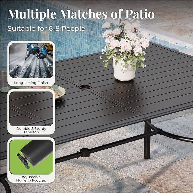 MIXPATIO 7-Piece Outdoor Dining Set 6 Red Textilene Chairs and Steel Rectangle Table with 1.97” Umbrella Hole for Deck Garden Backyard Lawn Poolside