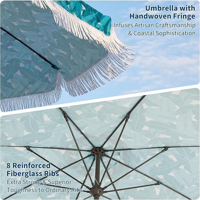 Garvee 10FT Fringe Patio Umbrella with Crank Handle, Push Button Tilt for Sun Shade, 8 Fiberglass Ribs, 1.5"D Premium Steel Pole, Outdoor Large Tassel Umbrella for Patio Beach Pool Backyard, 10' Leaf