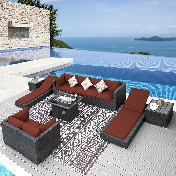 NICESOUL 11 Piece Sectional Patio Set with Loungers, Backyard Seating with Firepit, Comfy 29.3'' High-Back Deep Outdoor Couch Sofa, Heavy Duty All-Weather Wicker Furniture for Exterior, Grey & Red