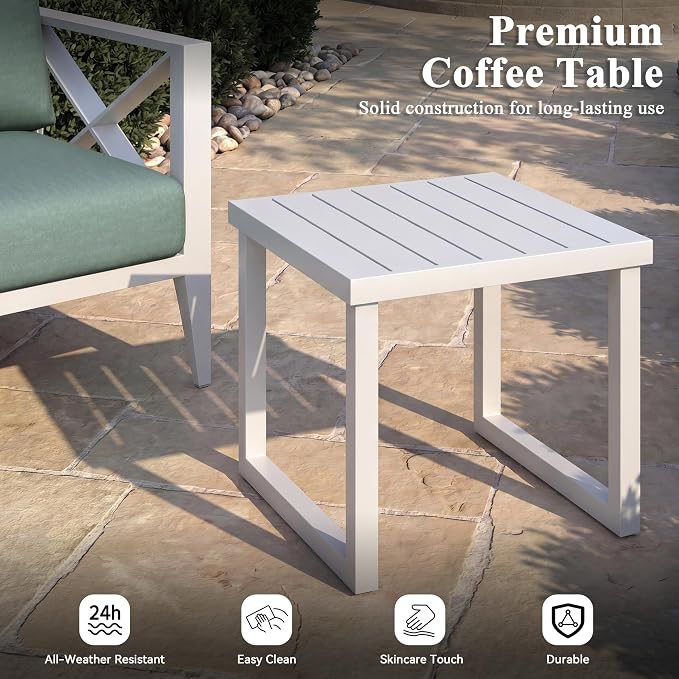 4 Piece Aluminum Patio Furniture Set with Fire Pit, Modern Outdoor Patio Conversation Sets with 2-IN-1 Fire Pit Table, 6" Thick Washable Cushions and Coffee Table for Balcony, Porch, Backyard,White