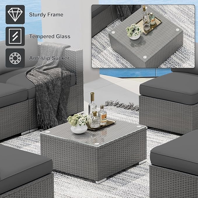 SUNCROWN 7-Piece Outdoor Patio Furniture Set All-Weather Outdoor Sectional Sofa Grey Wicker Conversation Sofa Set with Coffee Table and Cushions,Dark Grey