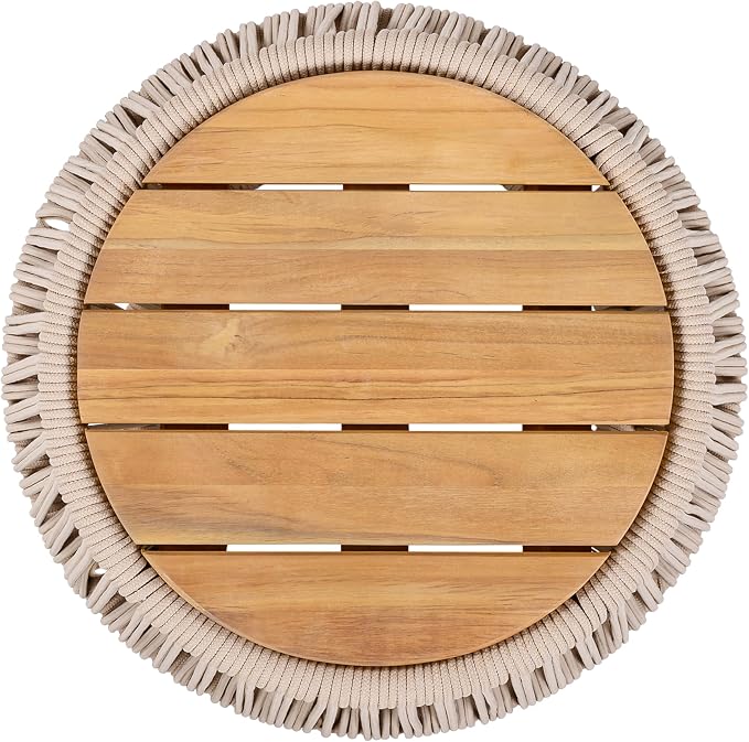 Polibi Outdoor Side Table with Handwoven Rope Base, Weather-Resistant Outdoor/Indoor Accent Table for Patio, Garden, Coastal & Bohemian Decor (Beige + Light Teak)