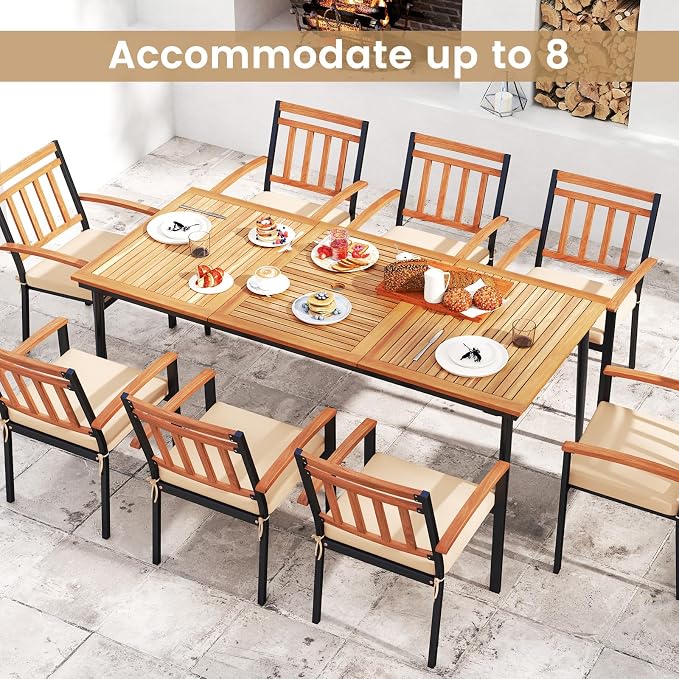 RELAX4LIFE Wooden Outdoor Dining Table for 8, 79’’ Acacia Wood Patio Table w/2’’ Umbrella Hole, Slatted Tabletop & Metal Legs, Indoor Outdoor Rectangular Picnic Table, 8-Person Patio Dining Table