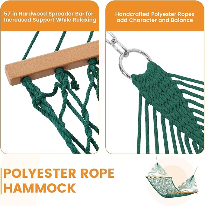 Lazy Daze Hammocks 13-FT Polyester Rope Hammock, Double 2 Person Traditional Hand Woven Outdoor Hammock with Spreader Bar, Carabiners, Tree Straps, Chains for Outside Patio- Max 450 Lbs, Green