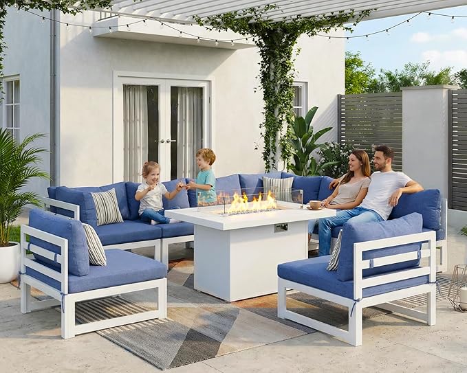 NICESOUL 8 Seat Oversized Modern Aluminum Patio Furniture Set, All Weather Rust Proof Modular Sectional Sofa with Fire Pit Table, 500 lbs Heavy Duty Comfortable Outdoor Couch for Garden, Denim Blue