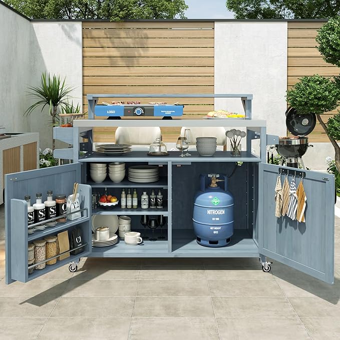 RUNNA Outdoor Kitchen Island with Raised Shelf,Solid Wood Storage Cabinet with Stainless Steel Top,Outdoor Rolling Grill Cart with Internal Storage Rack, Adjustable Shelf,Spice Rack (Grey+Blue#028)