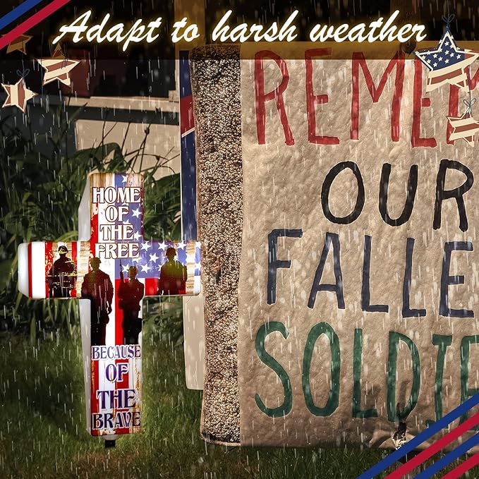 DoubleFill Memorial Day Cross Garden Stake Patriotic Solar Lighted Home of Free Memorial Solar Outdoor Yard Decorations Light up Night Cross Stake Decor for 4th of July Independence Day