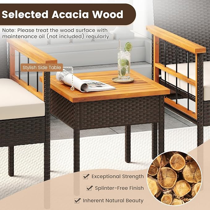 Tangkula 3 Piece Outdoor Wicker Conversation Furniture Set, Patio Rattan Cushioned Chair & Side Table Set with Acacia Wood Tabletop & Armrests, for Backyard, Porch, Balcony