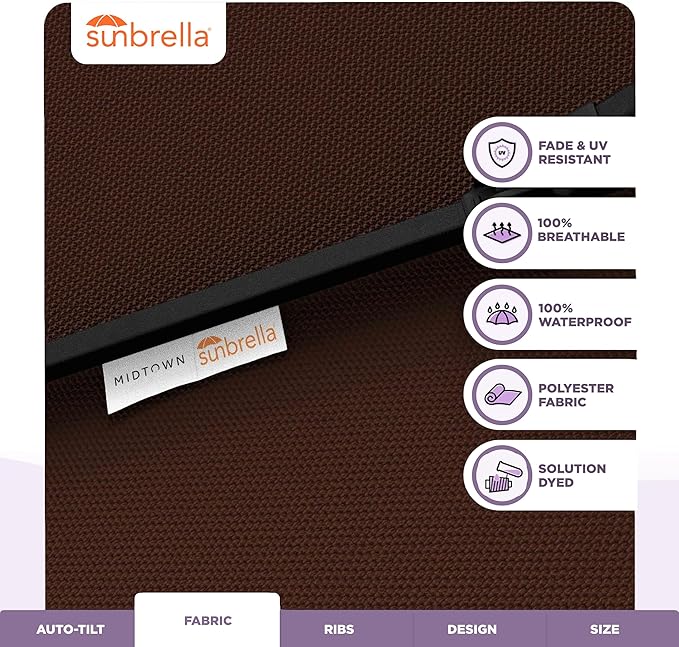 Midtown Umbrellas - The Lean 9 Ft Patio Umbrella with Fade-Resistant Sunbrella Fabric, Auto-Tilt Aluminum Frame and 8 Reinforced Ribs for Deck, Pool & Garden - Bay Brown Canopy, Black Pole