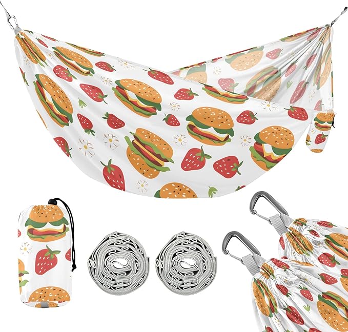Camping Hammock Outdoor Hammocks for Outside Hamburger Strawberry Beach Trees Portable Lightweight with Pockets Tree Straps Indoor Small