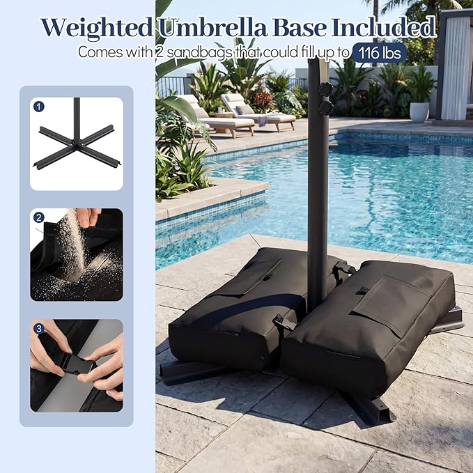 Tangkula 8x8 FT Patio Umbrella with Base Included, Square Offset Cantilever Outdoor Umbrella with 360 Degree Rotation, Crank Handle, Sandbags, 8 Ribs for Pool Deck Garden Backyard