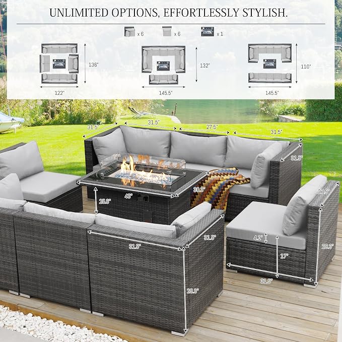 BULEXYARD 13 Piece High Back Patio Furniture Sets with Firepit, Luxury Outdoor Seating Sectional Couch 12-Person Modular, Comfortable Extra Large Wide Deep Backyard Conversation Sofa Set, Light Grey
