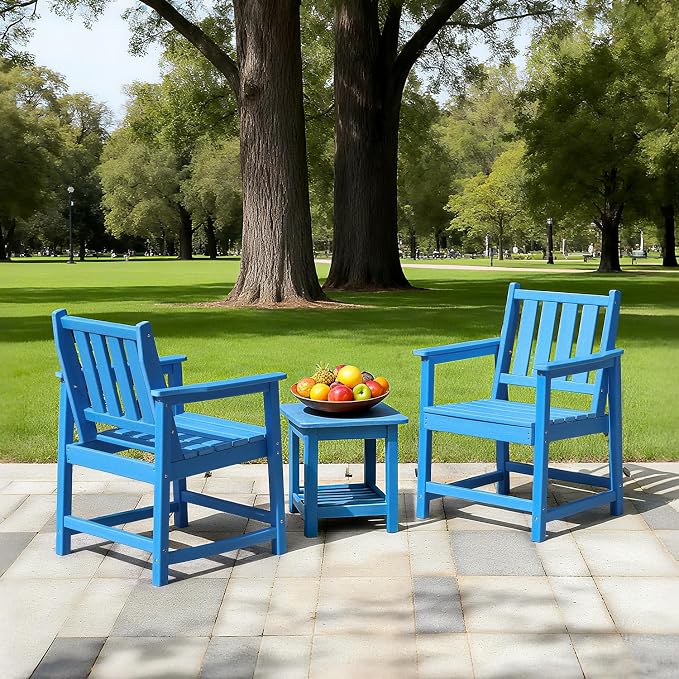 All-Weather Outdoor Chairs Set of 2, Outdoor Patio Dining Chair with Backrest and Armrest, 300 lbs Support All-Weather HDPE Furniture Patio Chair for Backyard, Garden, Deck, Blue
