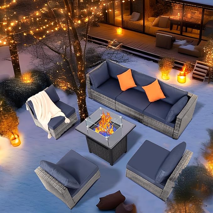 FHFO 8-Piece Patio Furniture Set with 28" Fire Pit Table, Wicker Outdoor Conversation Set Sectional Sofa with Thick Cushions & Coffee Table, for Backyard, Poolside, Garden, Grey-Blue
