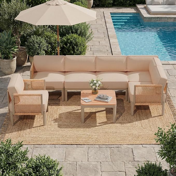 EROMMY 7 Pieces Patio Sectional Furniture Set, Metal Frame Outdoor Conversation Set with Single Seat, 6" Thick Cushions & Coffee Table, All-Weather Sofa for Poolside, Deck & Backyard, Beige