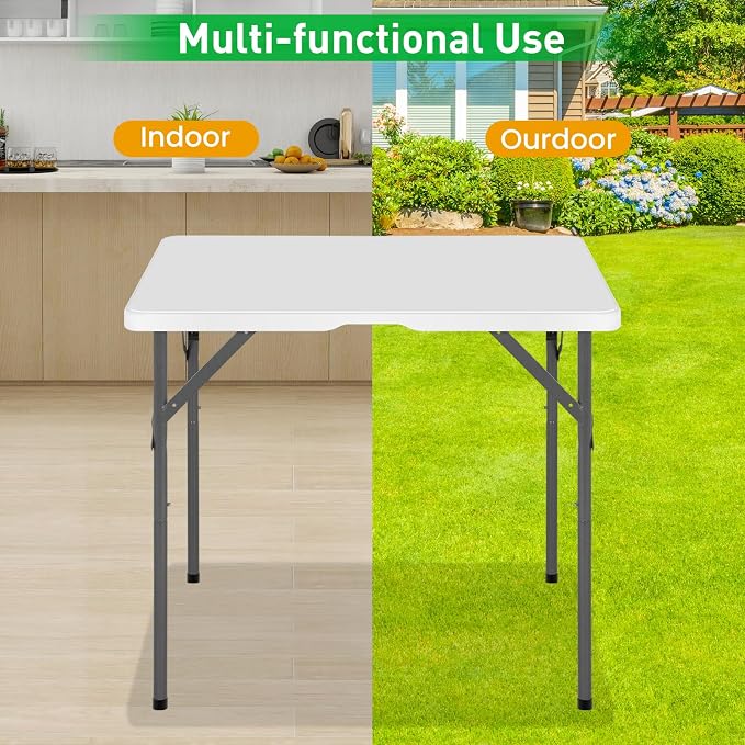 34 Inch Square Folding Table - Heavy Duty Portable Card Table for Indoor & Outdoor, Compact PVC Tabletop with Sturdy Metal Frame, Multi-Purpose for Dining, Parties, Backyard, Poolside, Balcony (White)