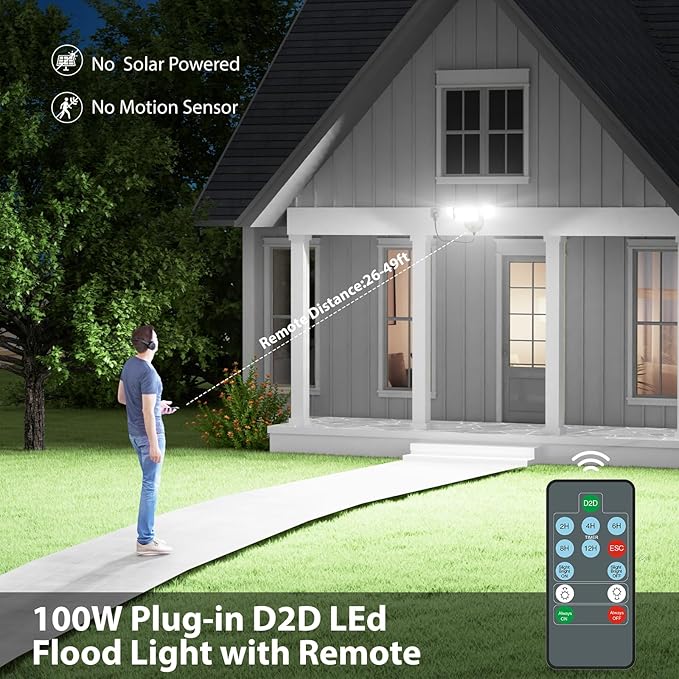 iMaihom 100W Dusk to Dawn Outdoor Lighting, 10000LM Plug in Flood Lights with Remote Control, 2 Modes IP65 Waterproof Led Exterior Security Light with Photocell, 6500K Floodlight for Yard Garage Black